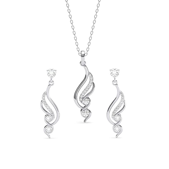 Clara 925 Sterling Silver Swirl Pendant, Earrings, Necklace Jewellery Set – Platinum Plated Swiss Zirconia