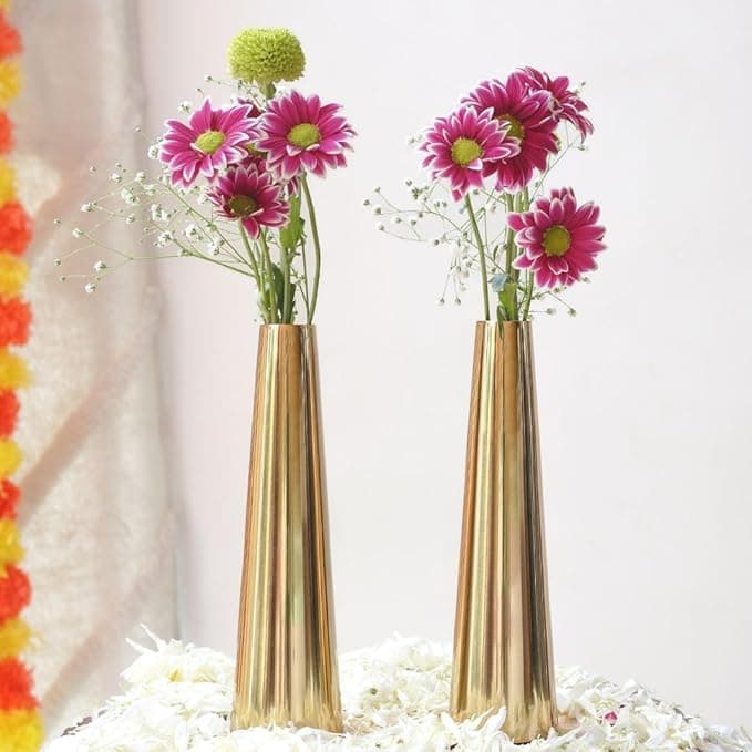 Behoma Golden Metal Slim Cone Flower Vase for Home Decor Bedroom Living Room Office Wedding Table Decorative Item for Festivals Birthday Valentine's Day (Flower Not Included) Small (Set of 2)