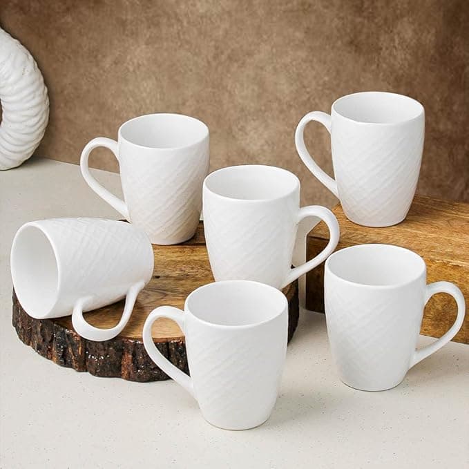 The Earth Store White Check Ceramic Coffee Mug Set of 6, 400ML Microwave & Dishwasher Safe Tea/Milk Mug Perfect for Home, Office & Gifting