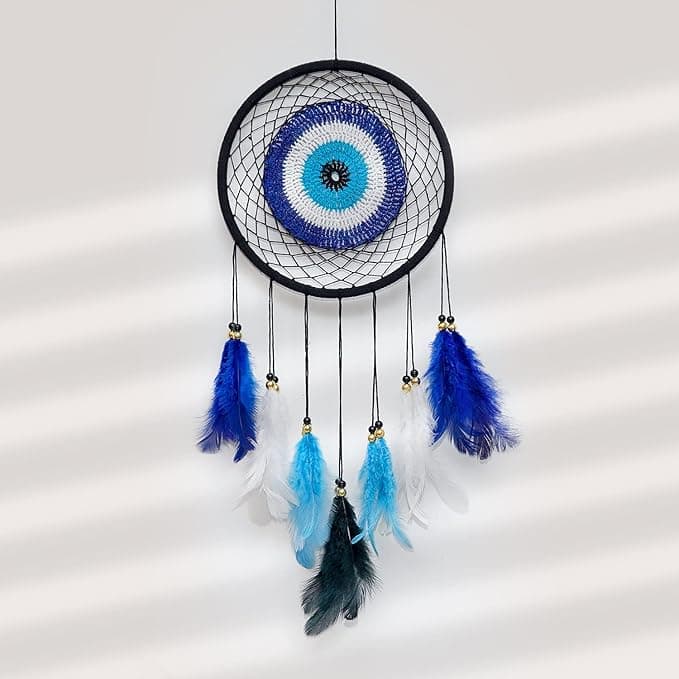 Evil Eye Dreamcatcher Wall Hanging for Positive Energy and Protection, Bedroom Living Room Decor, size-18x1x35cm (Blue)