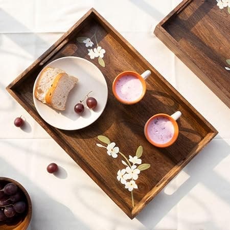 Bella Handpainted Wooden Large Tray | Premium Mango Wood Rectangular Serving Tray | Snacks Serving Tray for Home Kitchen and Cafe Restaurant (Size - 18 x 12 x 1.75 in)