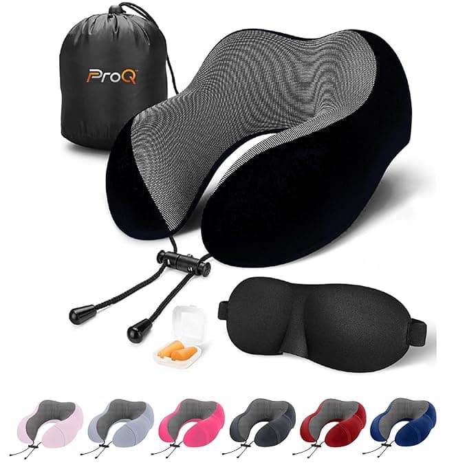 ProQ Memory Foam Travel Pillow with Eye Mask & Noise Isolating Ear Plugs